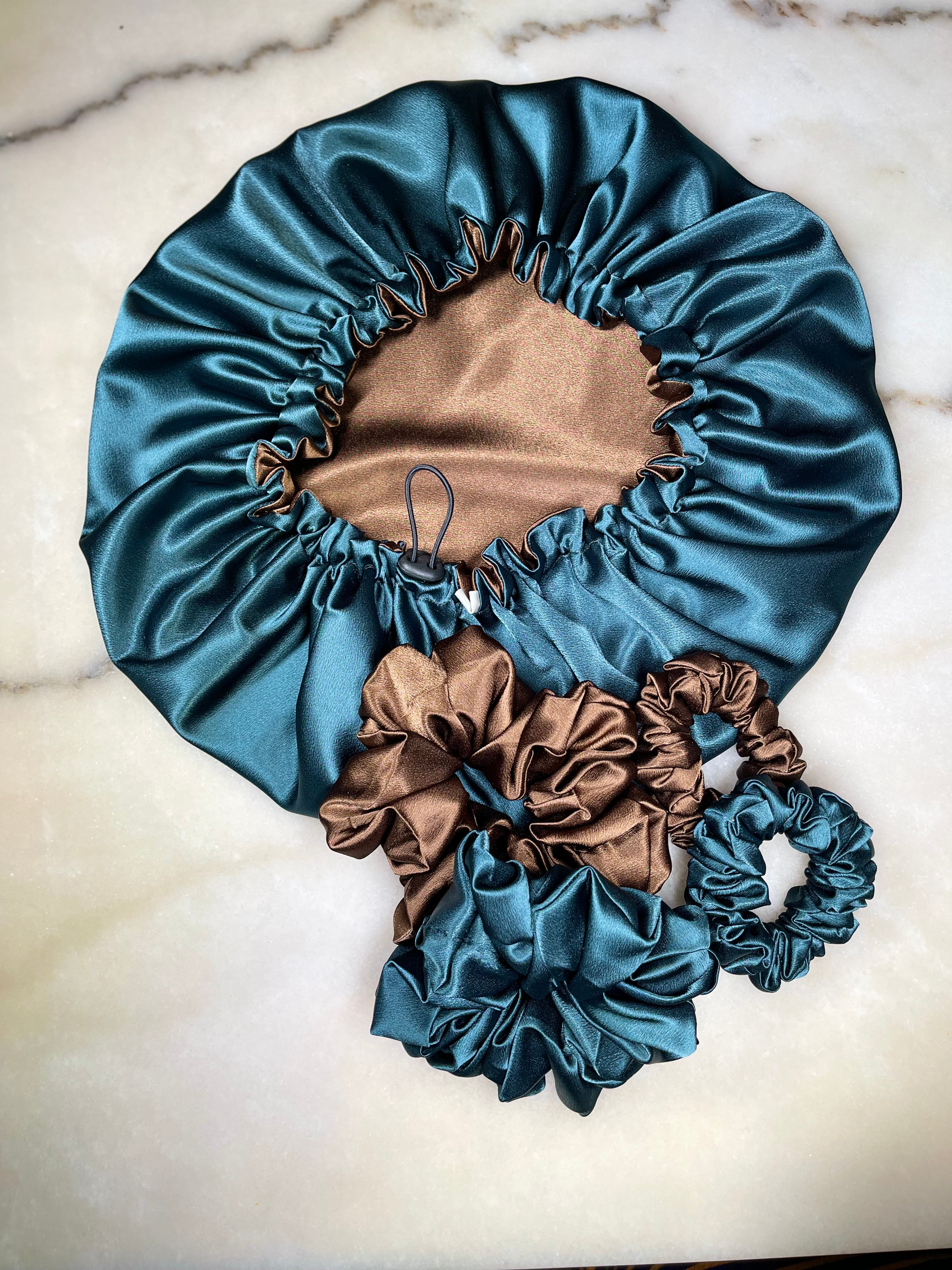Luxury Satin  Reversible Bonnet With Matching Scrunchies
