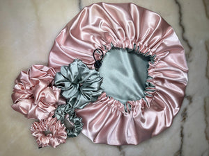 Luxury Satin  Reversible Bonnet With Matching Scrunchies